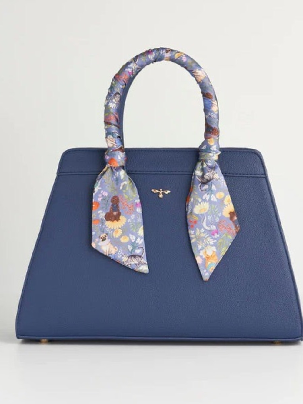 Structured Navy Crossbody Bag with Floral Scarf Accent